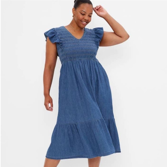 GAP Dresses & Skirts - GAP Flutter Sleeve v-neck smocked chest/waist denim chambray maxi dress NWTs XL